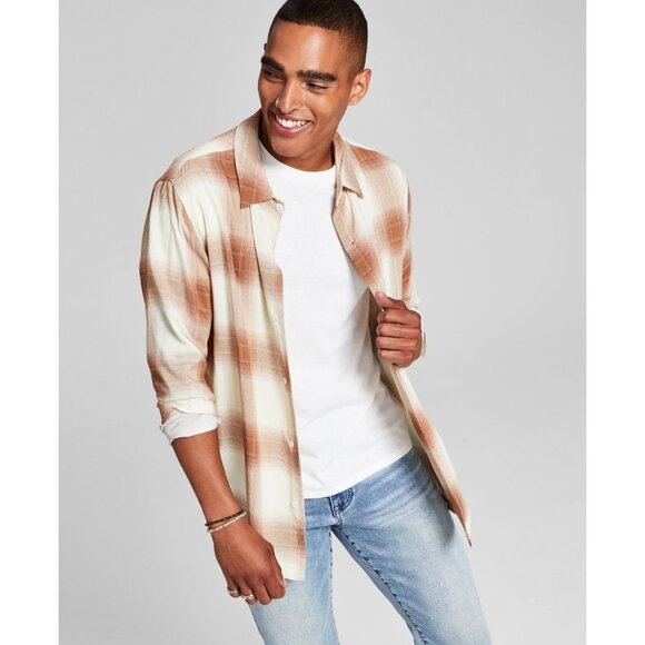 And Now This Mens Plaid Collared Button-Down Shirt, Tan, Size L, NWT - Picture 1 of 5